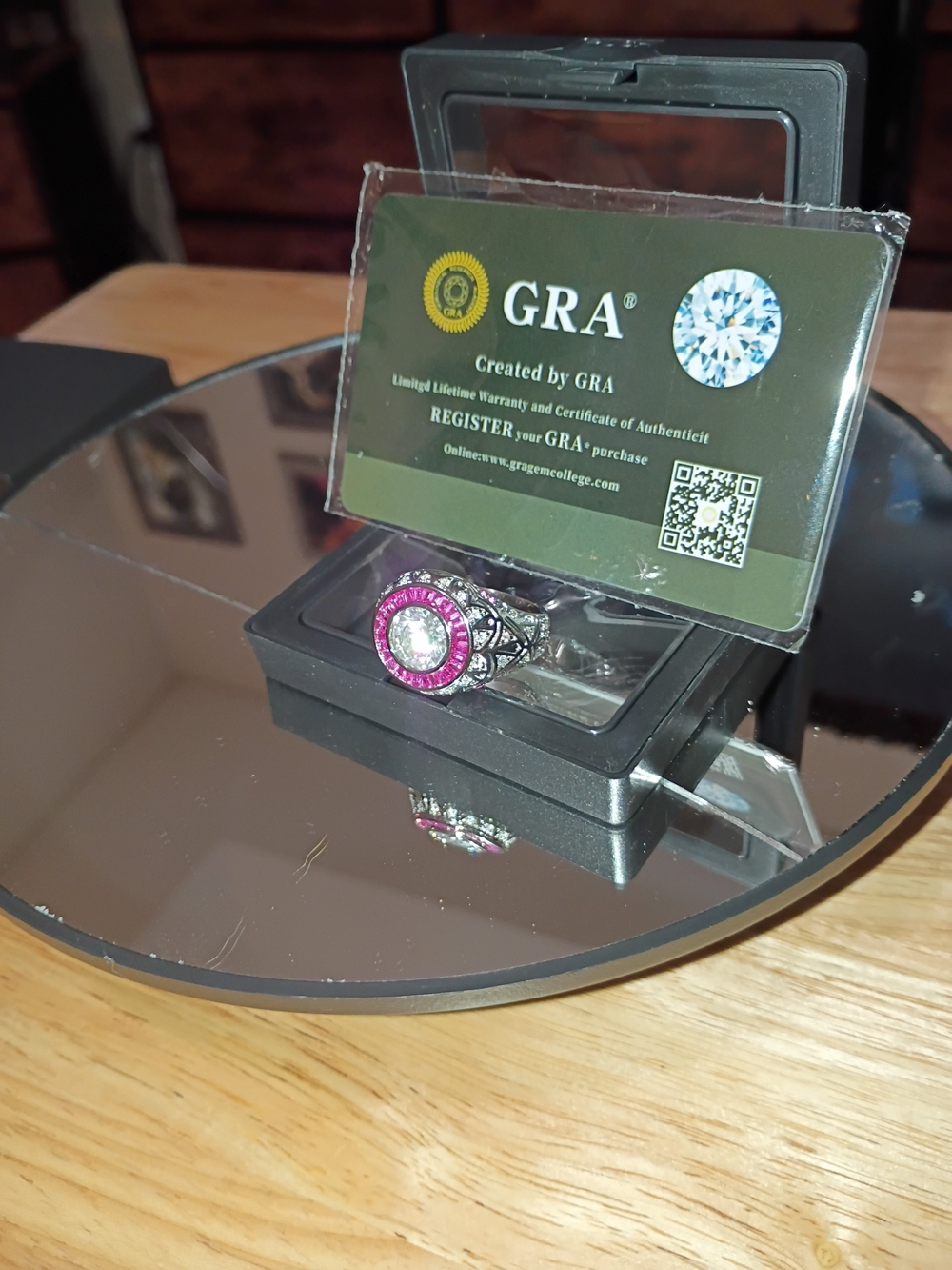 GRA Certified Round Halo Ring with Pink Stones